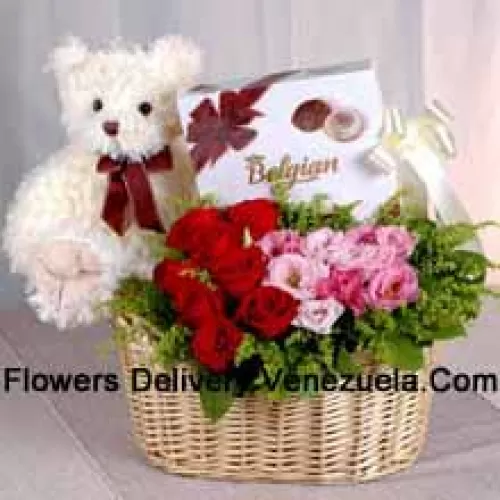 Basket Of Red And Pink Roses, A Box Of Chooclate And A Cute Teddy Bear