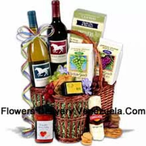 Esta cesta de regalo incluye Wild Horse - Cabernet Sauvignon - 750 ml, Wild Horse - Chardonnay - 750 ml, Hors D'oeuvre Deli Style Crackers de Partners, Queso ahumado de hickory y arce de Sugarbush Farm, Salchichón veraniego envuelto por Sparrer Sausage Co, Bruschetta de tomate de Elki, Galleta de vino tinto de American Vintage y Galleta de vino blanco de American Vintage. (El contenido de la cesta, incluido el vino, puede variar según la temporada y la ubicación de entrega. En caso de no disponibilidad de cierto producto, lo sustituiremos por otro de igual o mayor valor)